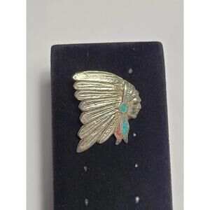 Signed OTT- Native American Chief Red & Turquoise Chip Inlay Fashion Brooch Pin